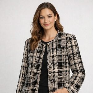Adrianna Papell Black White Tweed Jacket Blazer M  Button Front